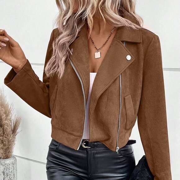 Coffee Brown Casual Women's Lapel Collar Zipper Crop Jacket - Picture 1 of 8